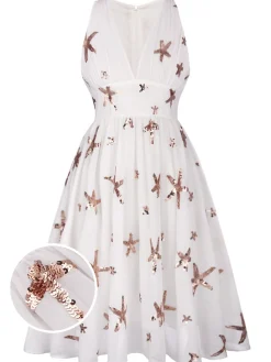 New Retro Stage 1950s Sequins Stars Swing Dress White