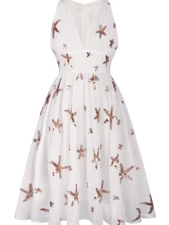 New Retro Stage 1950s Sequins Stars Swing Dress White