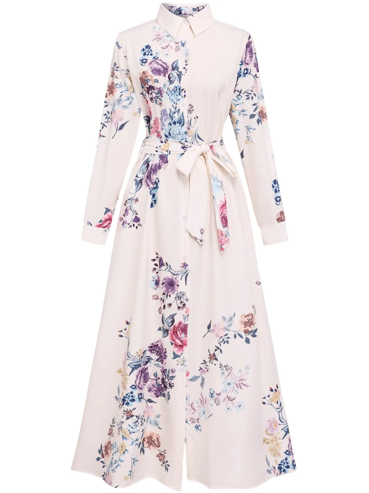 Online Retro Stage 1940s Shirt Collar Floral Belted Dress White