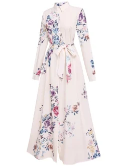 Online Retro Stage 1940s Shirt Collar Floral Belted Dress White