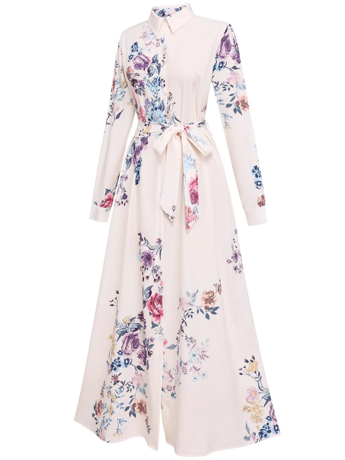 Online Retro Stage 1940s Shirt Collar Floral Belted Dress White