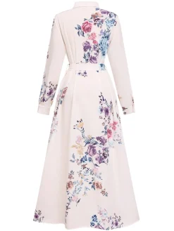 Online Retro Stage 1940s Shirt Collar Floral Belted Dress White