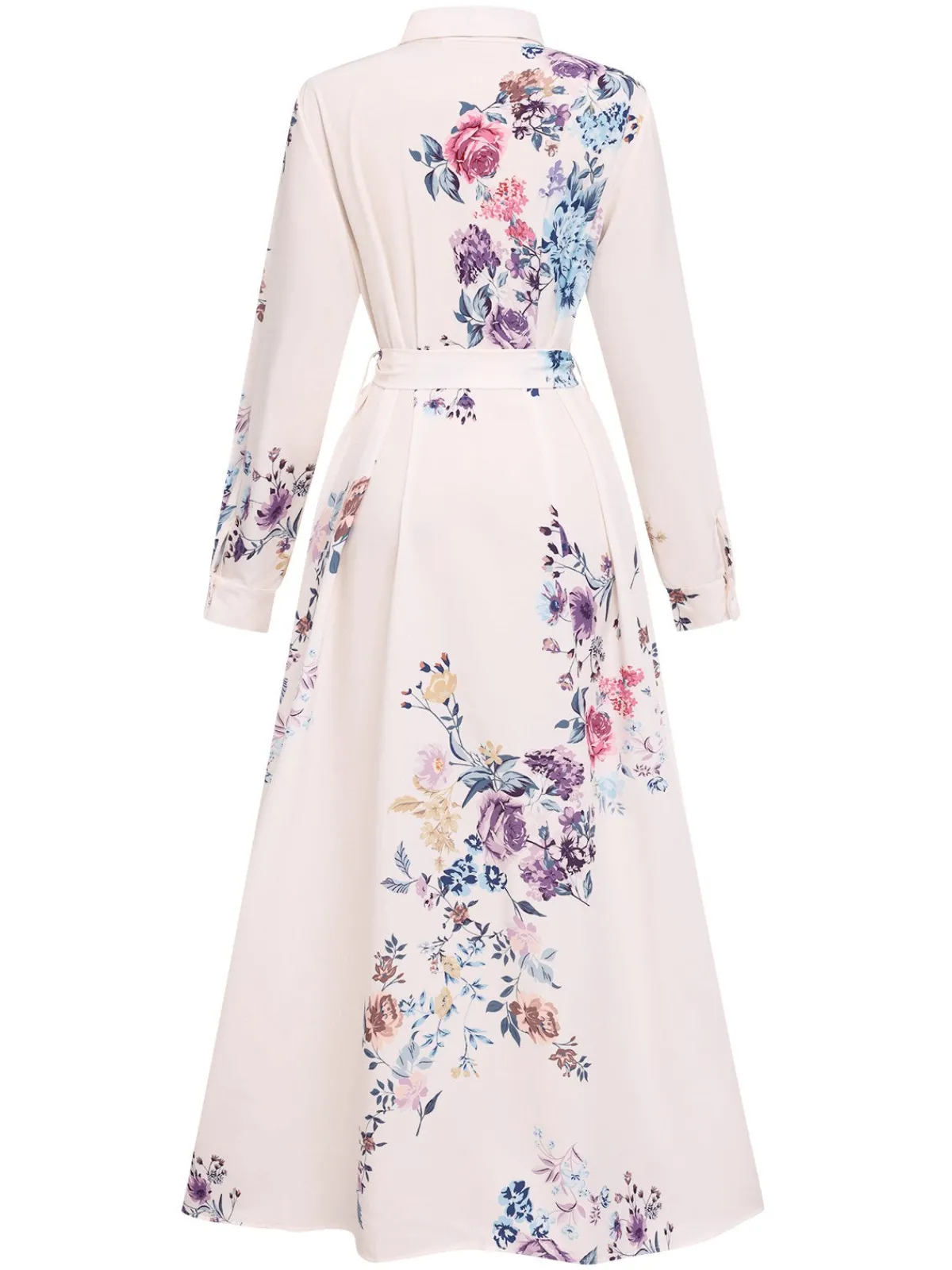 Online Retro Stage 1940s Shirt Collar Floral Belted Dress White