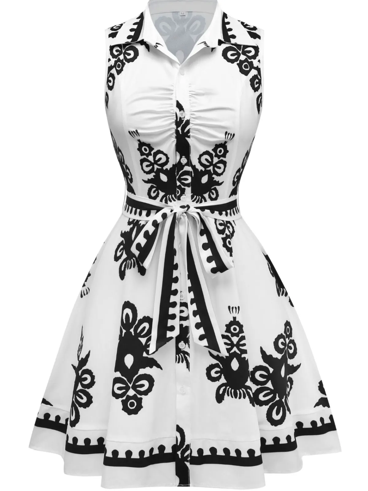 Best Retro Stage 1950s Shirt Neck Sleeveless Belted Dress White