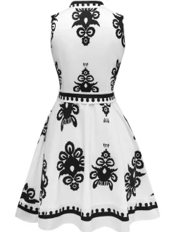 Best Retro Stage 1950s Shirt Neck Sleeveless Belted Dress White