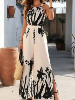 Outlet Retro Stage 1930s Silhouette Plants Spaghetti Straps Jumpsuit White