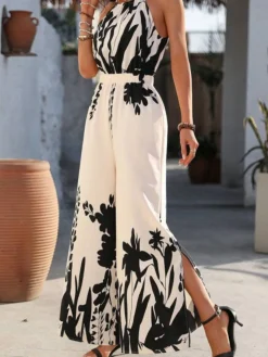 Outlet Retro Stage 1930s Silhouette Plants Spaghetti Straps Jumpsuit White