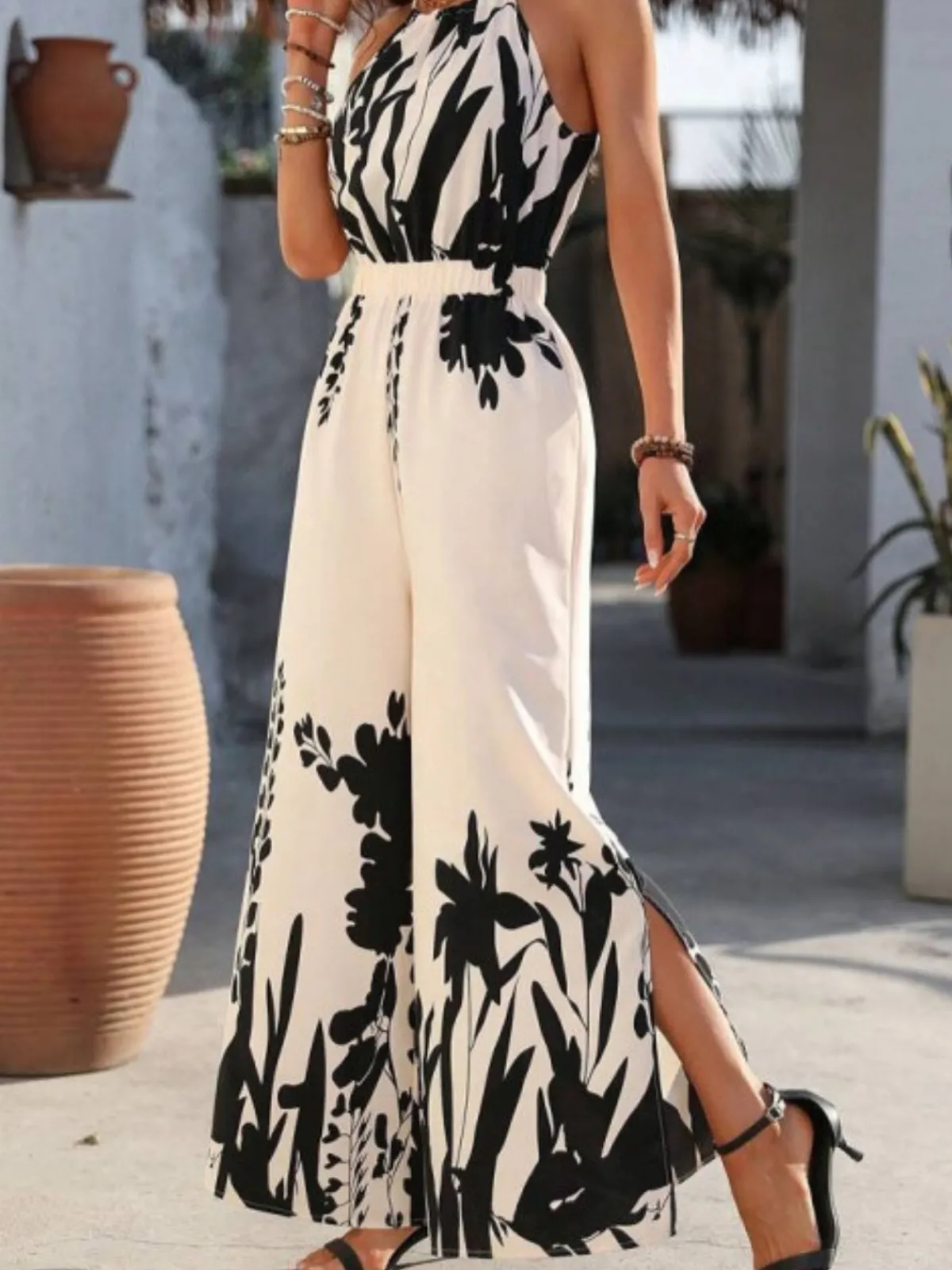 Outlet Retro Stage 1930s Silhouette Plants Spaghetti Straps Jumpsuit White