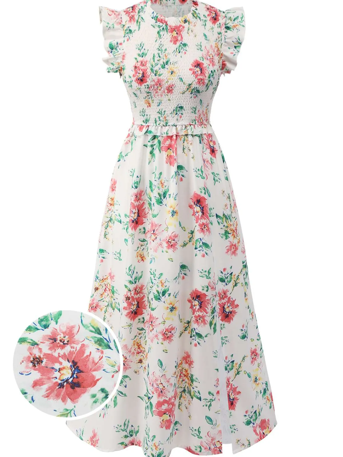 Online Retro Stage 1940s Sleeveless Floral Ruffles Dress White