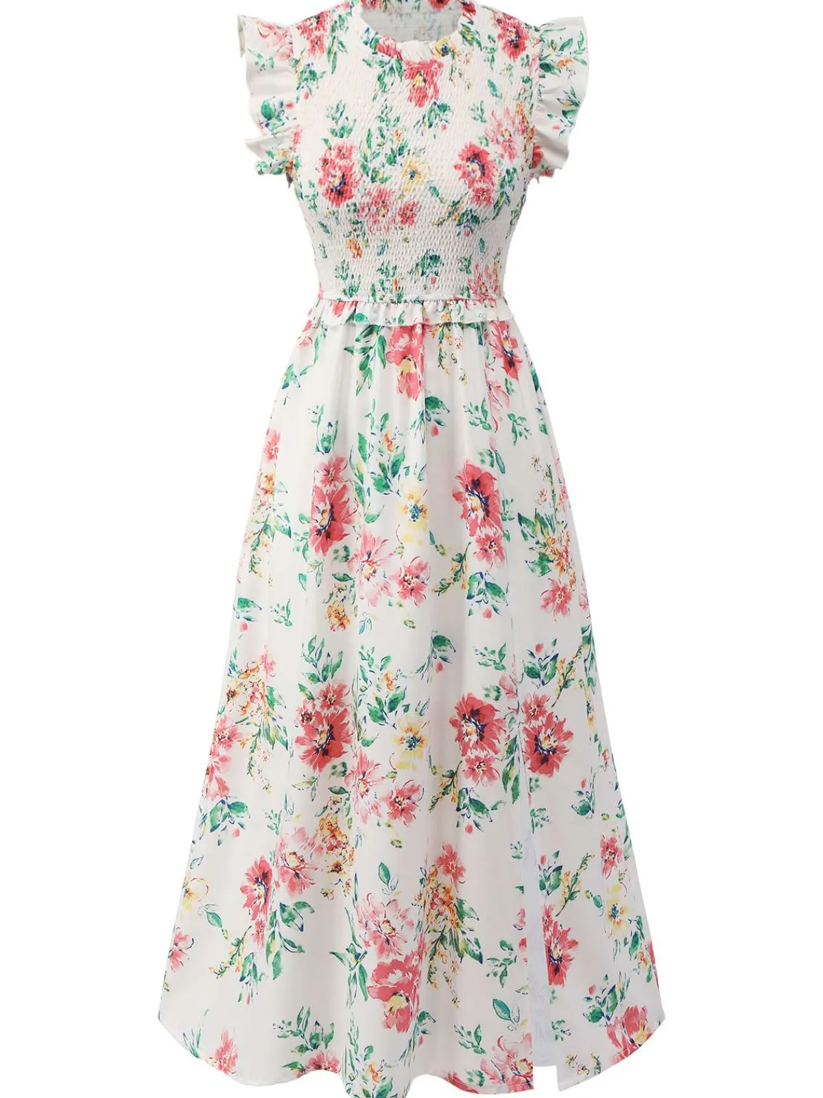 Online Retro Stage 1940s Sleeveless Floral Ruffles Dress White