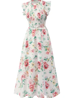 Online Retro Stage 1940s Sleeveless Floral Ruffles Dress White