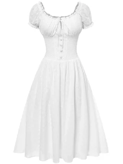 Online Retro Stage 1940s Solid Cotton Embroidered Lace Dress White