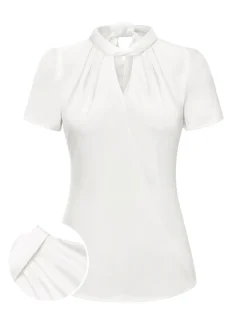 New Retro Stage 1930s Solid Keyhole-Neck Satin Blouse White