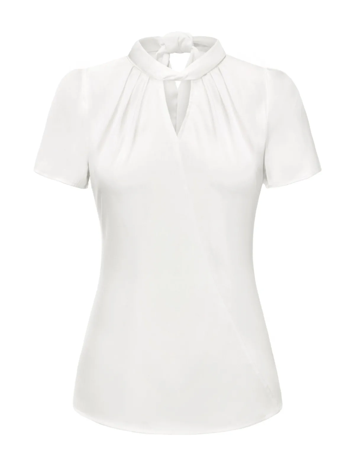 New Retro Stage 1930s Solid Keyhole-Neck Satin Blouse White