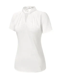 New Retro Stage 1930s Solid Keyhole-Neck Satin Blouse White