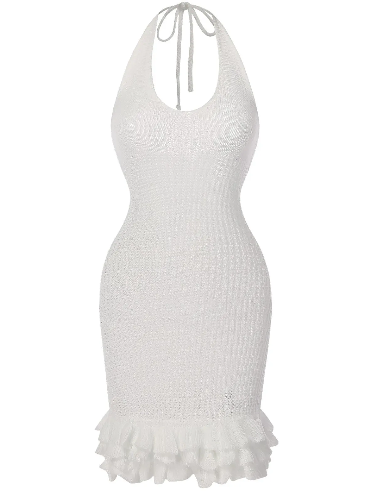 Discount Retro Stage 1960s Solid Knitted Overlay Dress White