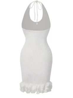 Discount Retro Stage 1960s Solid Knitted Overlay Dress White