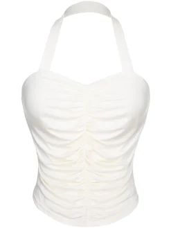 Discount Retro Stage 1950s Solid Pleated Halter Top White
