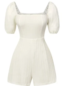 New Retro Stage 1960s Solid Puff Square Neck Romper White