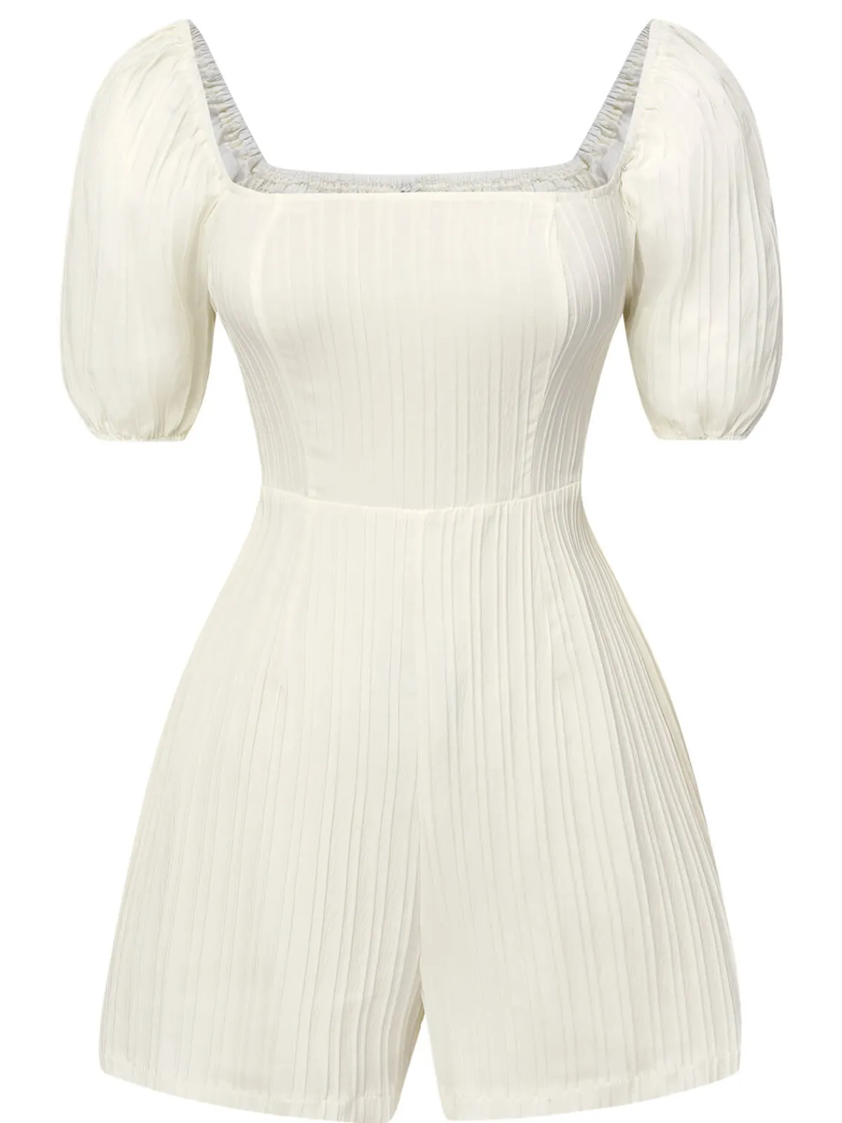 New Retro Stage 1960s Solid Puff Square Neck Romper White