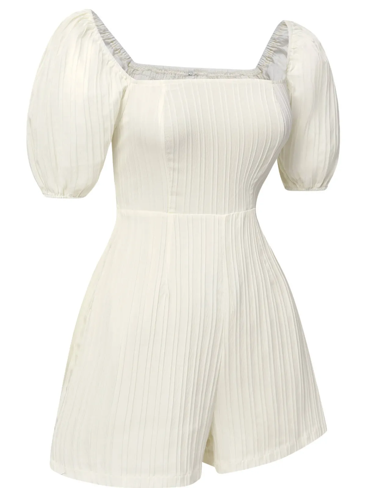 New Retro Stage 1960s Solid Puff Square Neck Romper White