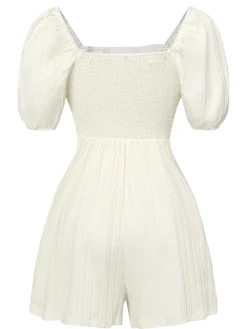 New Retro Stage 1960s Solid Puff Square Neck Romper White