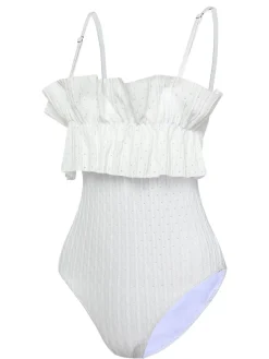 Discount Retro Stage 1970s Solid Ruffles Bandeau Swimsuit White