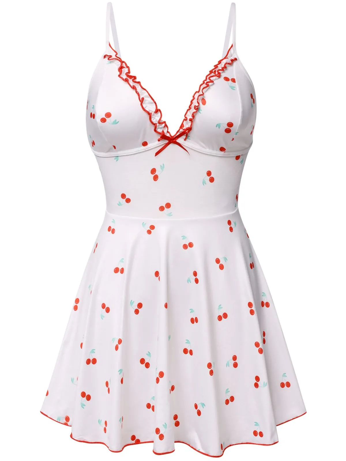 New Retro Stage 1950s Spaghetti Strap Cherry Bow Sleepwear White