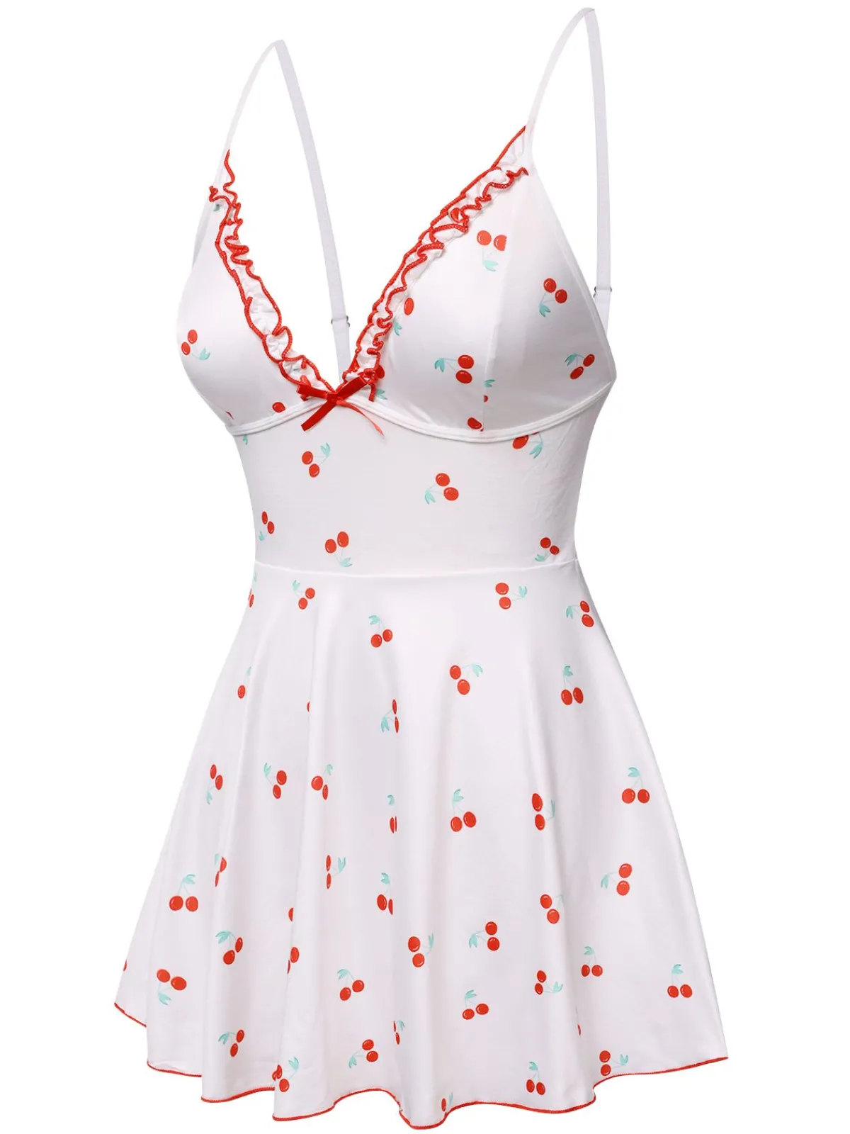 New Retro Stage 1950s Spaghetti Strap Cherry Bow Sleepwear White