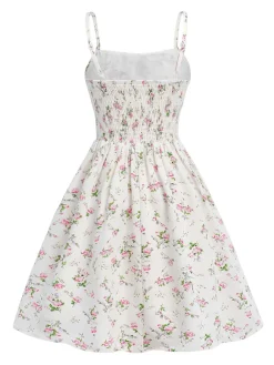 Fashion Retro Stage 1950s Spaghetti Strap Floral A-Line Dress White