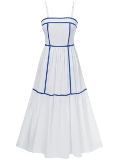 Fashion Retro Stage 1930s Spaghetti Straps Blue Lines Dress White