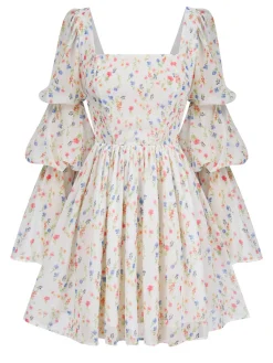 New Retro Stage 1960s Square Neck Puff Ditsy Floral Dress White