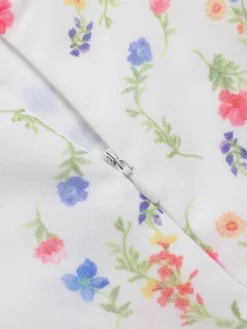 New Retro Stage 1960s Square Neck Puff Ditsy Floral Dress White