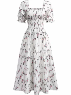 Hot Retro Stage 1950s Square Neck Puff Sleeve Floral Dress White