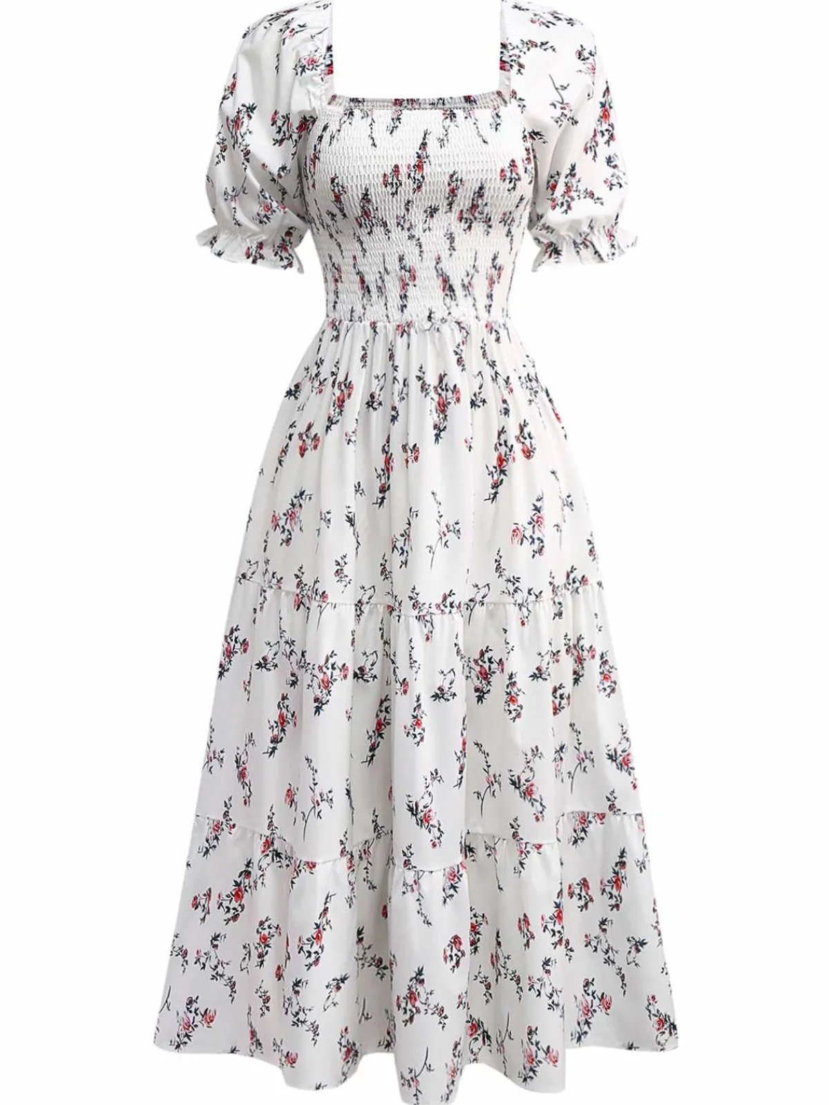 Hot Retro Stage 1950s Square Neck Puff Sleeve Floral Dress White
