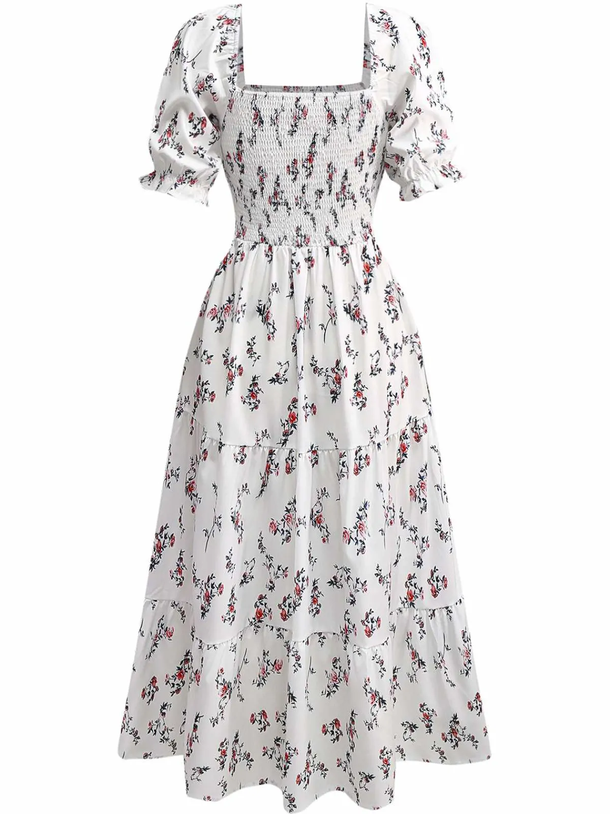 Hot Retro Stage 1950s Square Neck Puff Sleeve Floral Dress White