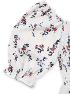 Hot Retro Stage 1950s Square Neck Puff Sleeve Floral Dress White