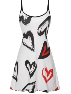 Discount Retro Stage 1950s Strap Heart Print Sleepwear White