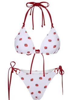 Best Retro Stage 1960s Strawberry Lace-Up Halter Bikini Set White