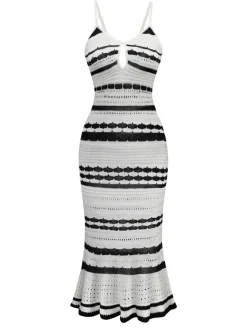 New Retro Stage 1970s Striped Knit Bodycon Dress White