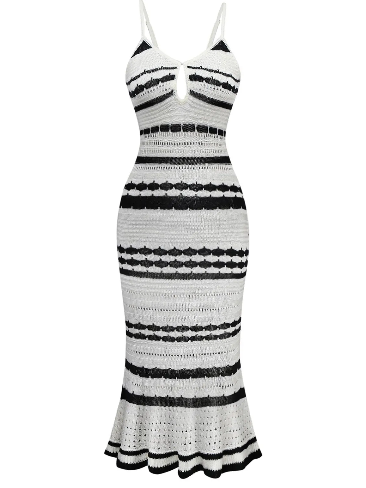 New Retro Stage 1970s Striped Knit Bodycon Dress White