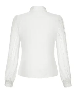New Retro Stage 1940s Tie Neck Mesh Swiss Dots Blouse White