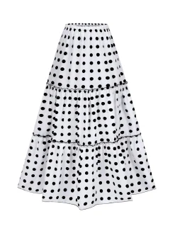 Fashion Retro Stage White 1970s Tiered Hem Polka Dots Skirt