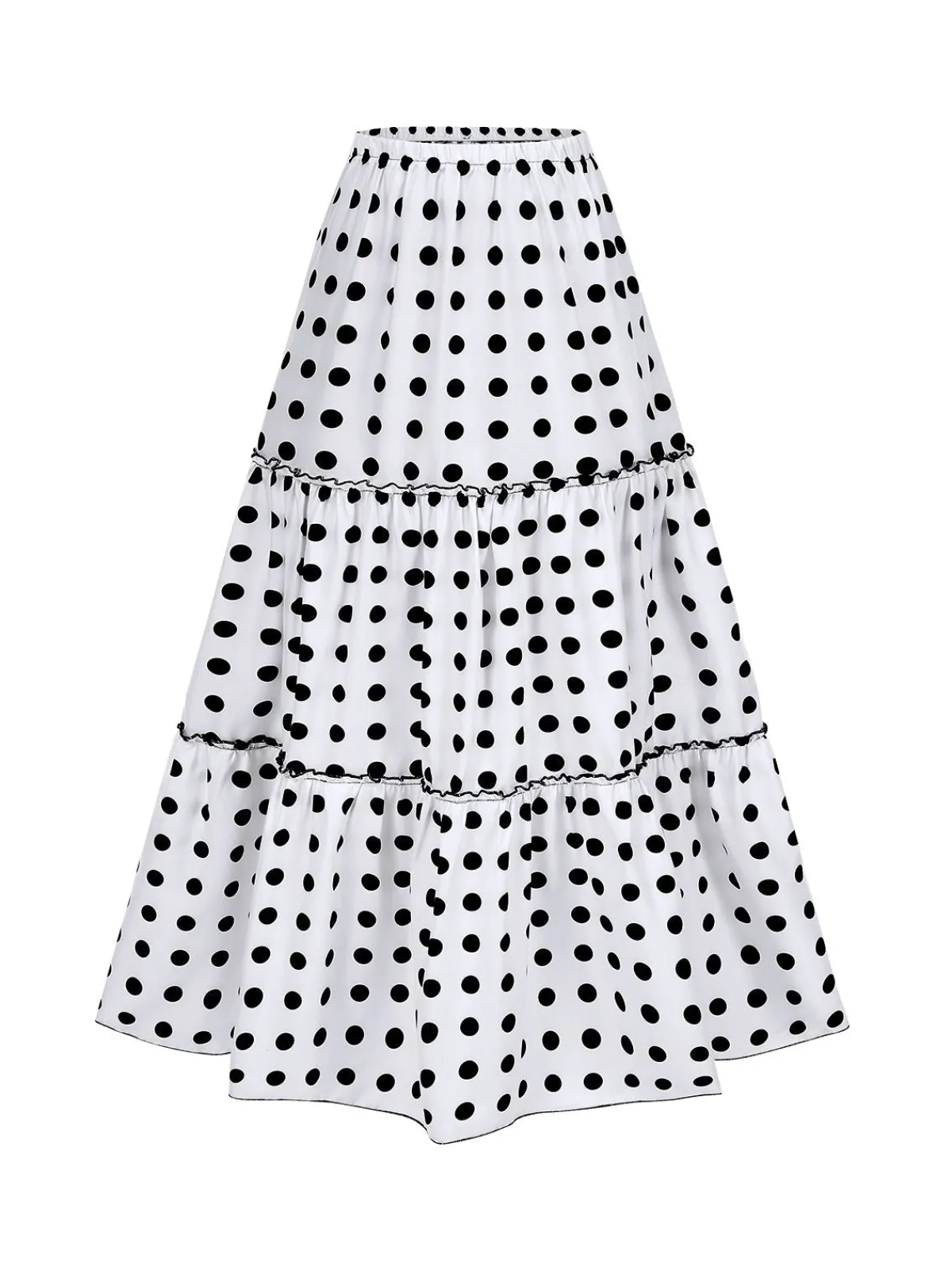 Fashion Retro Stage White 1970s Tiered Hem Polka Dots Skirt