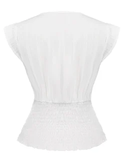 Best Retro Stage 1970s V-Neck Embroidered Floral Ruched Blouse White