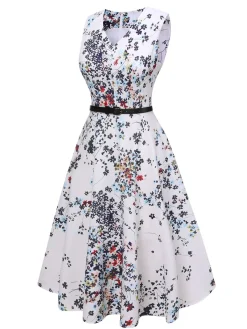 Best Retro Stage 1940s V-Neck Floral Belted Sleeveless Dress White