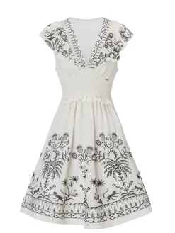 Discount Retro Stage 1970s V-Neck Floral Boho Ruffles Dress White