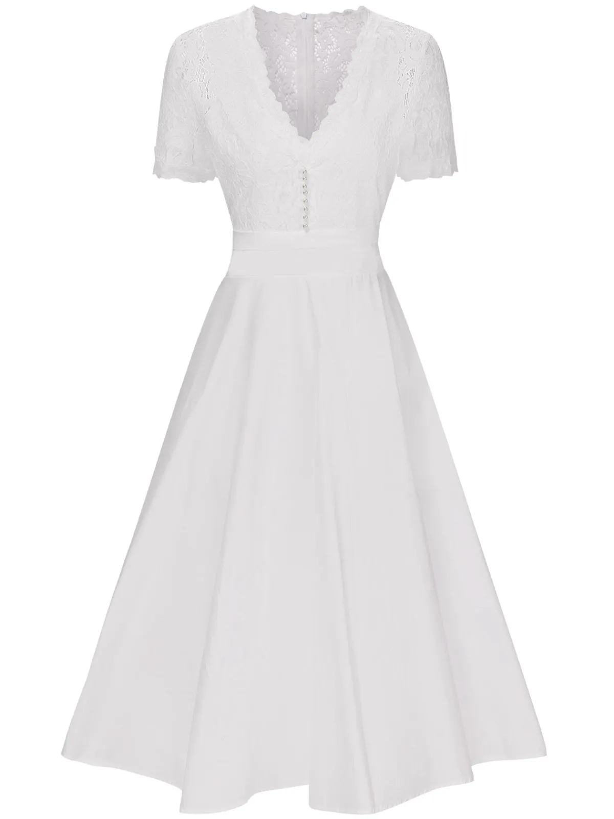 Hot Retro Stage 1940s V-Neck Lace Patchwork Dress White