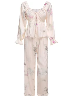 Sale Retro Stage 1950s V-Neck Ruffles Floral Lace Sleepwear White