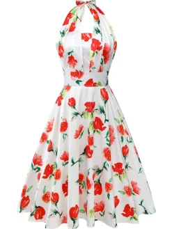 Outlet Retro Stage 1950s Watercolor Rose Halter Dress White